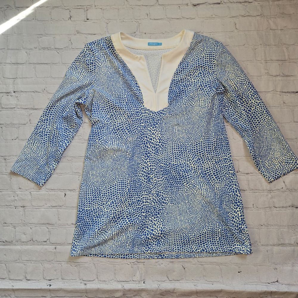 J.McLaughlin Catalina Cloth Tunic Top Blue White Pebble Print 3/4 Sleeve M